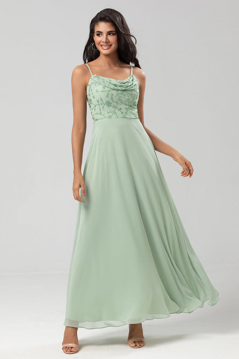 Load image into Gallery viewer, A Line Spaghetti Straps Dusty Pink Long Bridesmaid Dress with Beaded