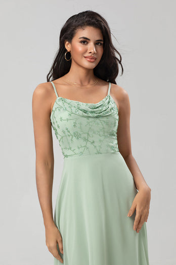 A Line Spaghetti Straps Dusty Pink Long Bridesmaid Dress with Beaded