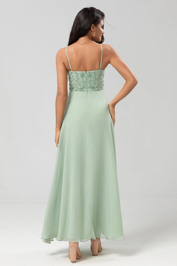 A Line Spaghetti Straps Dusty Pink Long Bridesmaid Dress with Beaded
