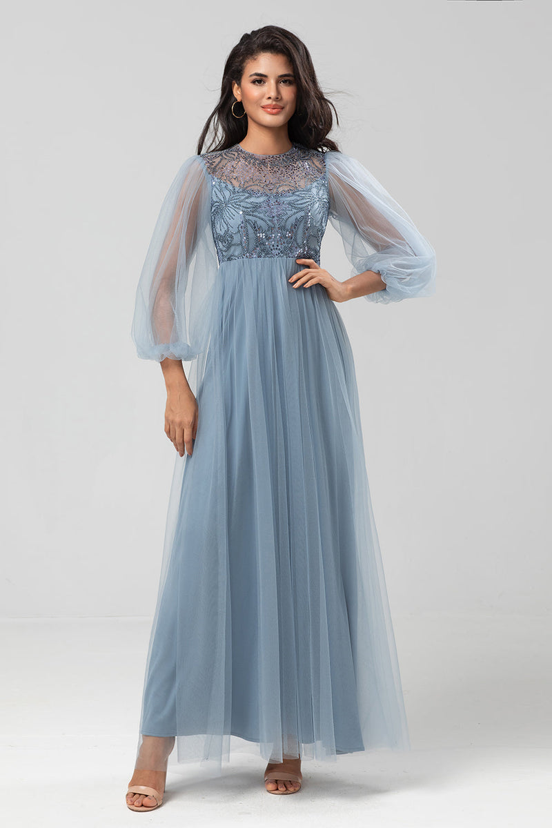 Load image into Gallery viewer, A Line Jewel Neck Grey Blue Long Bridesmaid Dress with Long Sleeves