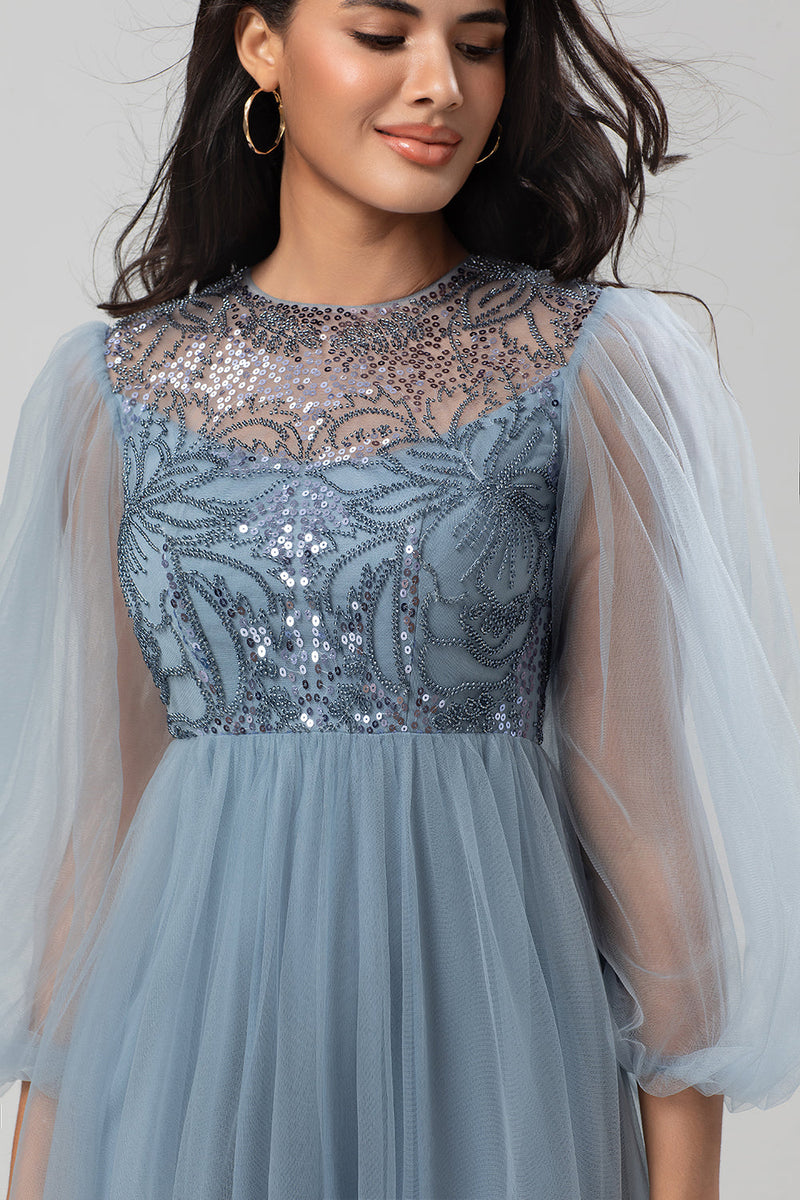 Load image into Gallery viewer, A Line Jewel Neck Grey Blue Long Bridesmaid Dress with Long Sleeves