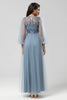 Load image into Gallery viewer, A Line Jewel Neck Grey Blue Long Bridesmaid Dress with Long Sleeves