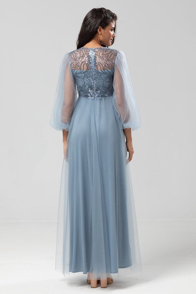 Load image into Gallery viewer, A Line Jewel Neck Grey Blue Long Bridesmaid Dress with Long Sleeves