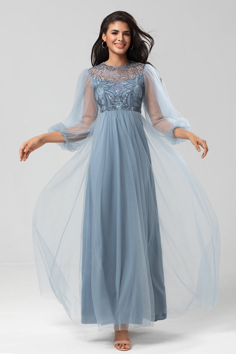 Load image into Gallery viewer, A Line Jewel Neck Grey Blue Long Bridesmaid Dress with Long Sleeves
