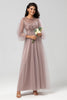 Load image into Gallery viewer, A Line Jewel Neck Grey Blue Long Bridesmaid Dress with Long Sleeves