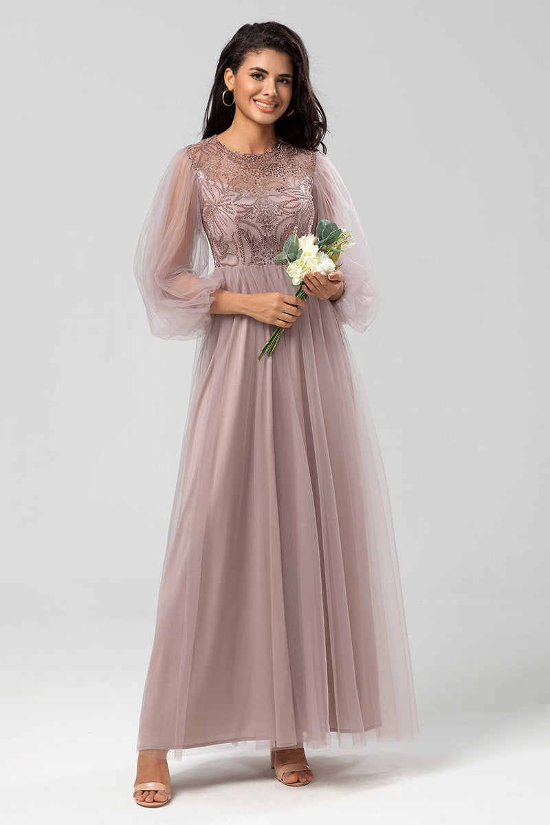 Load image into Gallery viewer, A Line Jewel Neck Grey Blue Long Bridesmaid Dress with Long Sleeves