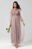 Load image into Gallery viewer, A Line Jewel Neck Grey Blue Long Bridesmaid Dress with Long Sleeves