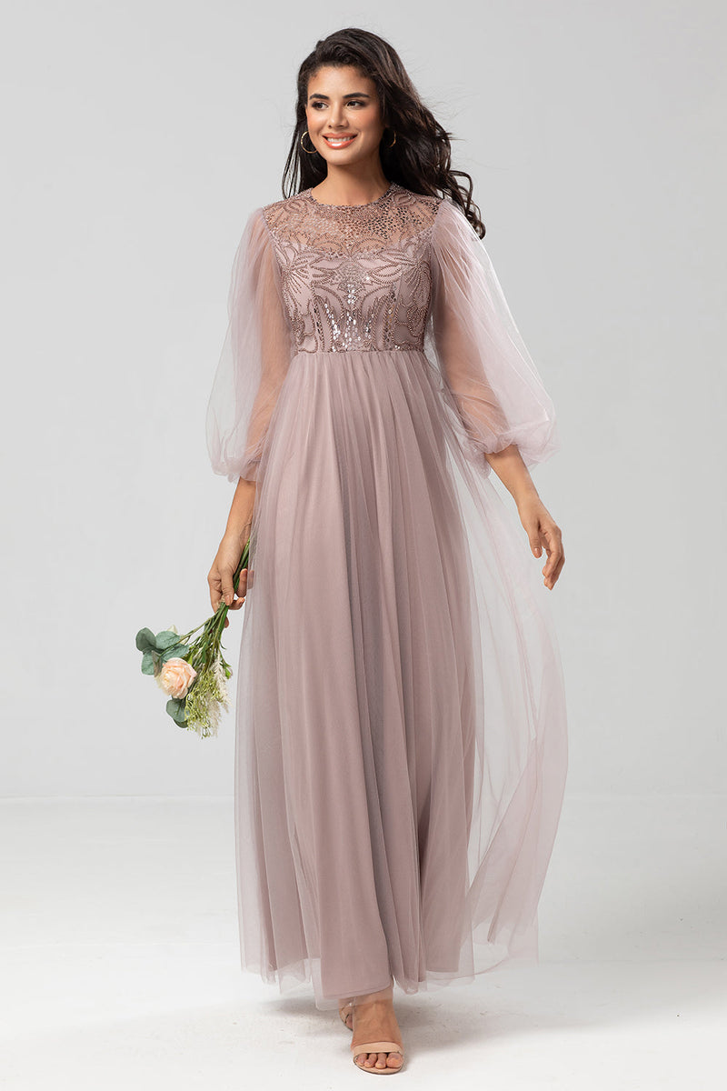 Load image into Gallery viewer, A Line Jewel Neck Grey Blue Long Bridesmaid Dress with Long Sleeves