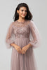 Load image into Gallery viewer, A Line Jewel Neck Grey Blue Long Bridesmaid Dress with Long Sleeves