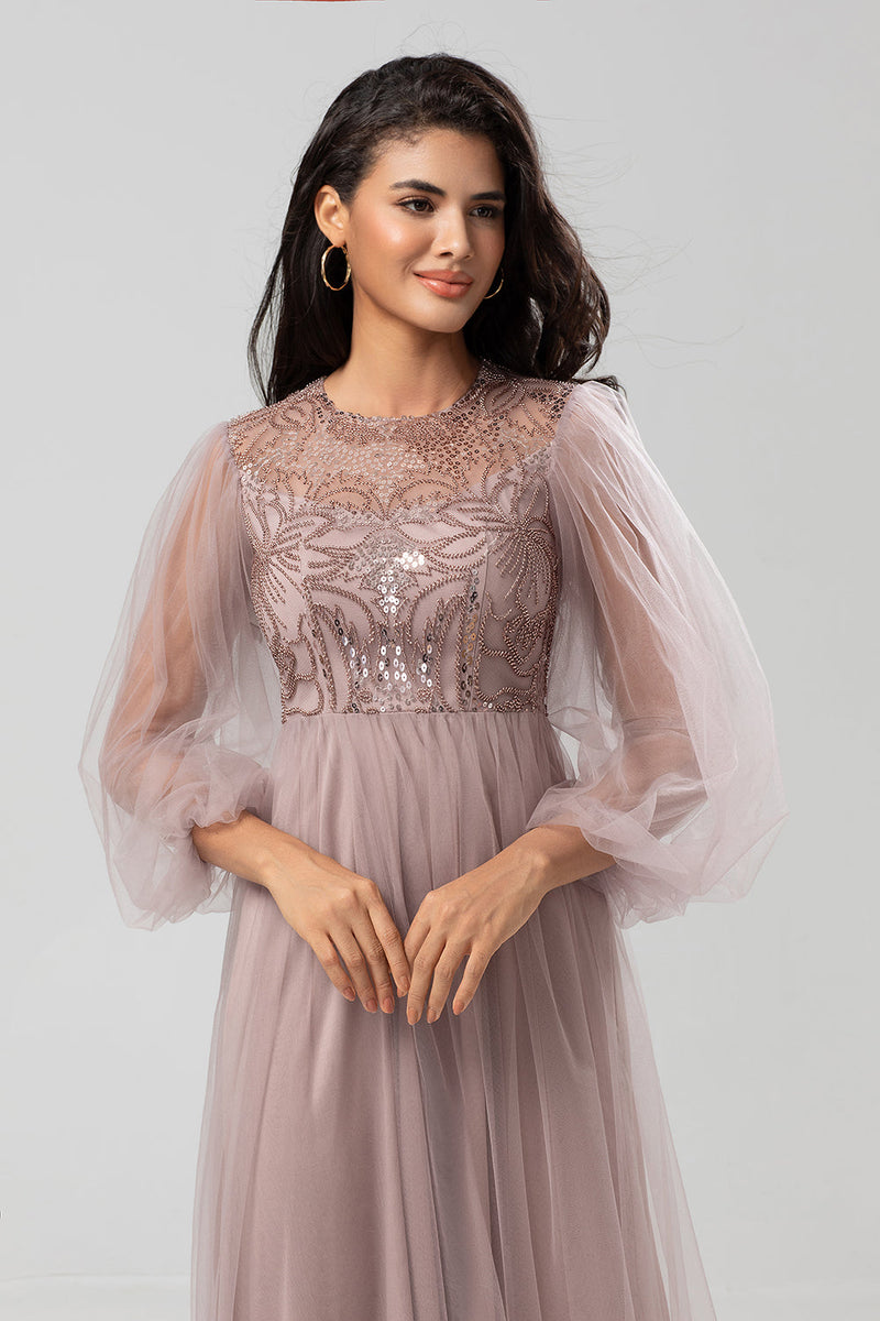 Load image into Gallery viewer, A Line Jewel Neck Grey Blue Long Bridesmaid Dress with Long Sleeves