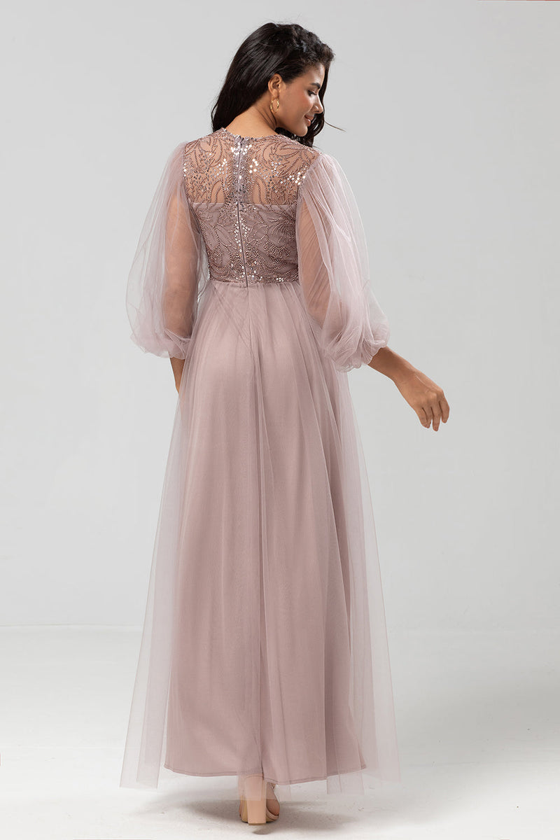 Load image into Gallery viewer, A Line Jewel Neck Grey Blue Long Bridesmaid Dress with Long Sleeves