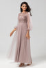 Load image into Gallery viewer, A Line Jewel Neck Grey Blue Long Bridesmaid Dress with Long Sleeves
