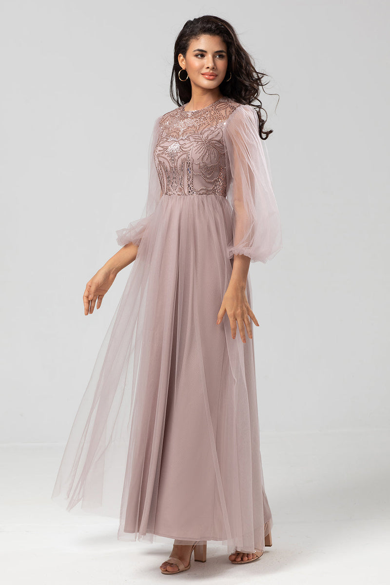 Load image into Gallery viewer, A Line Jewel Neck Grey Blue Long Bridesmaid Dress with Long Sleeves