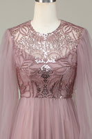 Load image into Gallery viewer, A Line Grey Blue Sequin Long Sleeves Bridesmaid Dress