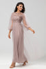Load image into Gallery viewer, A Line Jewel Neck Grey Blue Long Bridesmaid Dress with Long Sleeves