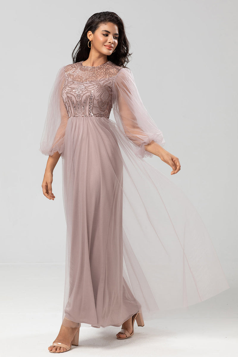 Load image into Gallery viewer, A Line Jewel Neck Grey Blue Long Bridesmaid Dress with Long Sleeves