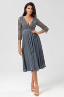 Load image into Gallery viewer, A Line V-Neck Eucalyptus Bridesmaid Dress with Long Sleeves