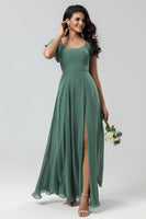 Load image into Gallery viewer, A-Line Green Long Bridesmaid Dress with Ruffles