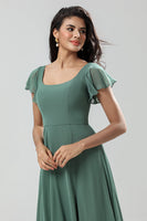 Load image into Gallery viewer, A-Line Green Long Bridesmaid Dress with Ruffles