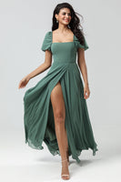 Load image into Gallery viewer, Chiffon Puff Sleeves A Line Green Bridesmaid Dress