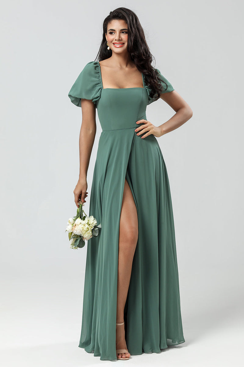 Load image into Gallery viewer, Chiffon Puff Sleeves A Line Green Bridesmaid Dress