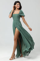 Load image into Gallery viewer, Chiffon Puff Sleeves A Line Green Bridesmaid Dress