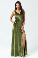 Load image into Gallery viewer, V-Neck Sleeveless A Line Olive Velvet Bridesmaid Dress with Slit