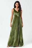 Load image into Gallery viewer, V-Neck Sleeveless A Line Olive Velvet Bridesmaid Dress with Slit