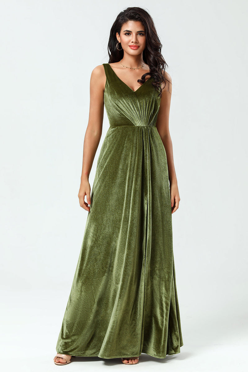 Load image into Gallery viewer, V-Neck Sleeveless A Line Olive Velvet Bridesmaid Dress with Slit