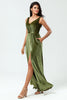 Load image into Gallery viewer, V-Neck Sleeveless A Line Olive Velvet Bridesmaid Dress with Slit