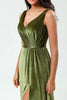Load image into Gallery viewer, V-Neck Sleeveless A Line Olive Velvet Bridesmaid Dress with Slit
