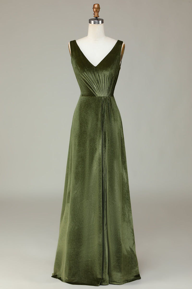 Load image into Gallery viewer, V-Neck Sleeveless A Line Olive Velvet Bridesmaid Dress with Slit