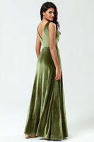 Load image into Gallery viewer, V-Neck Sleeveless A Line Olive Velvet Bridesmaid Dress with Slit