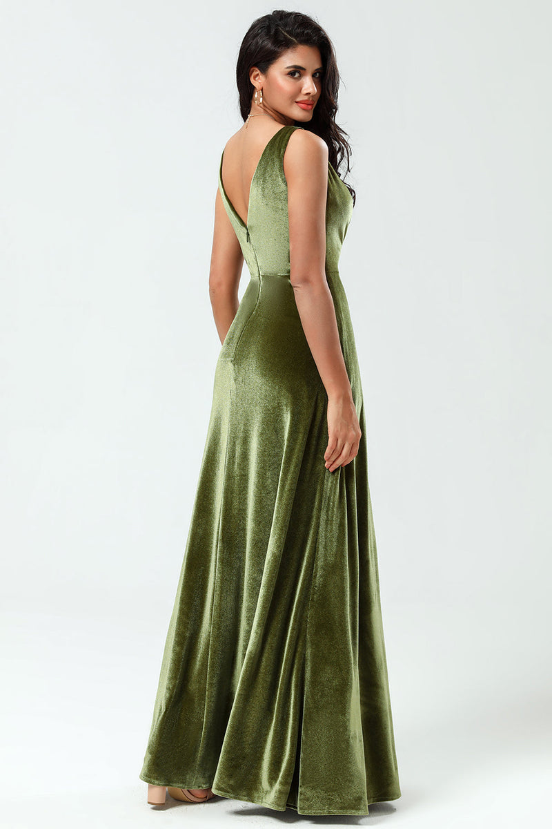 Load image into Gallery viewer, V-Neck Sleeveless A Line Olive Velvet Bridesmaid Dress with Slit
