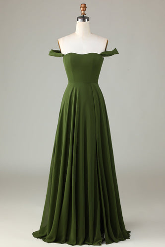 A-Line Off The Shoulder Olive Bridesmaid Dress with Slit