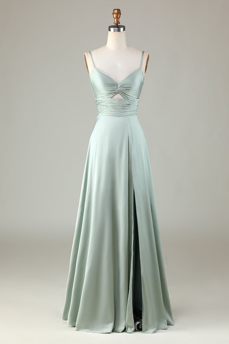 Load image into Gallery viewer, Keyhole Spaghetti Straps Matcha Bridesmaid Dress with Slit