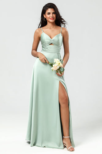 Spaghetti Straps Keyhole A Line Green Bridesmaid Dress with Slit