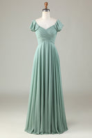 Load image into Gallery viewer, Lace-Up Back A Line Chiffon Green Bridesmaid Dress with Ruffles