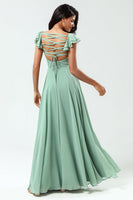 Load image into Gallery viewer, Lace-Up Back A Line Chiffon Green Bridesmaid Dress with Ruffles