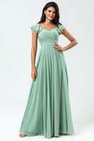 Load image into Gallery viewer, Lace-Up Back A Line Chiffon Green Bridesmaid Dress with Ruffles
