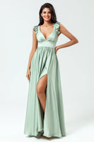 Load image into Gallery viewer, Deep V-Neck A Line Green Long Bridesmaid Dress with Ruffles