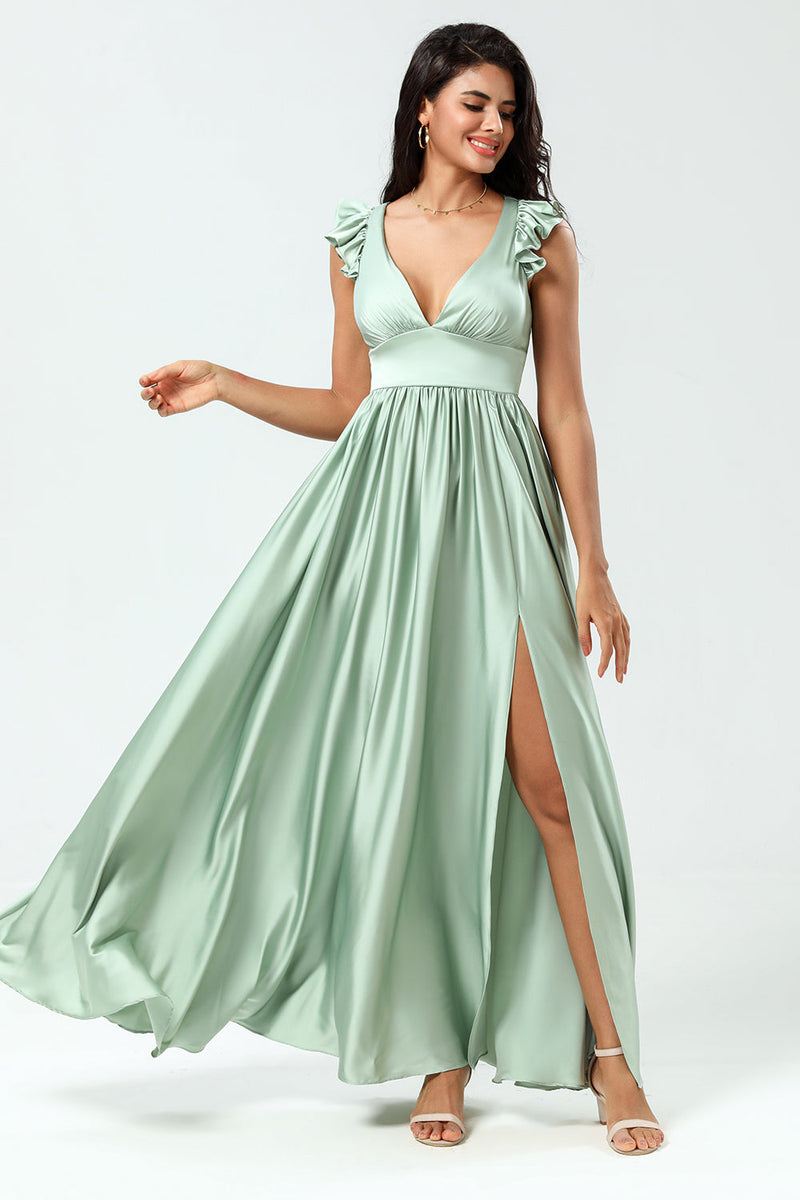 Load image into Gallery viewer, Deep V-Neck A Line Green Long Bridesmaid Dress with Ruffles