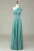 Load image into Gallery viewer, Stunning A Line One Shoulder Sea Glass Long Bridesmaid Dress with Ruched