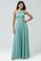 Load image into Gallery viewer, Stunning A Line One Shoulder Sea Glass Long Bridesmaid Dress with Ruched