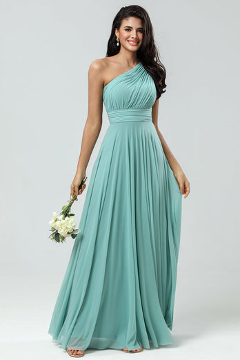 Stunning A Line One Shoulder Sea Glass Long Bridesmaid Dress with Ruched