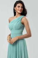 Load image into Gallery viewer, Stunning A Line One Shoulder Sea Glass Long Bridesmaid Dress with Ruched