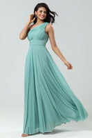 Load image into Gallery viewer, Stunning A Line One Shoulder Sea Glass Long Bridesmaid Dress with Ruched