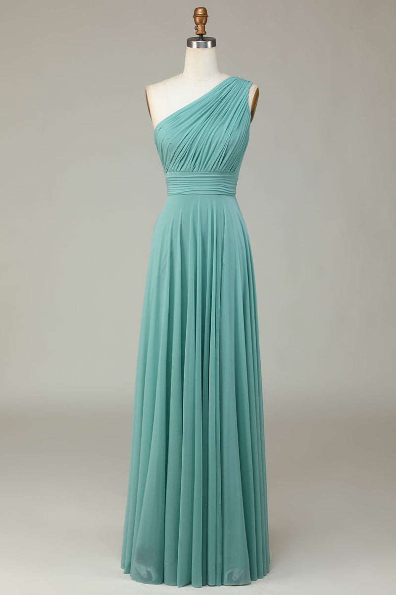 Load image into Gallery viewer, Stunning A Line One Shoulder Sea Glass Long Bridesmaid Dress with Ruched