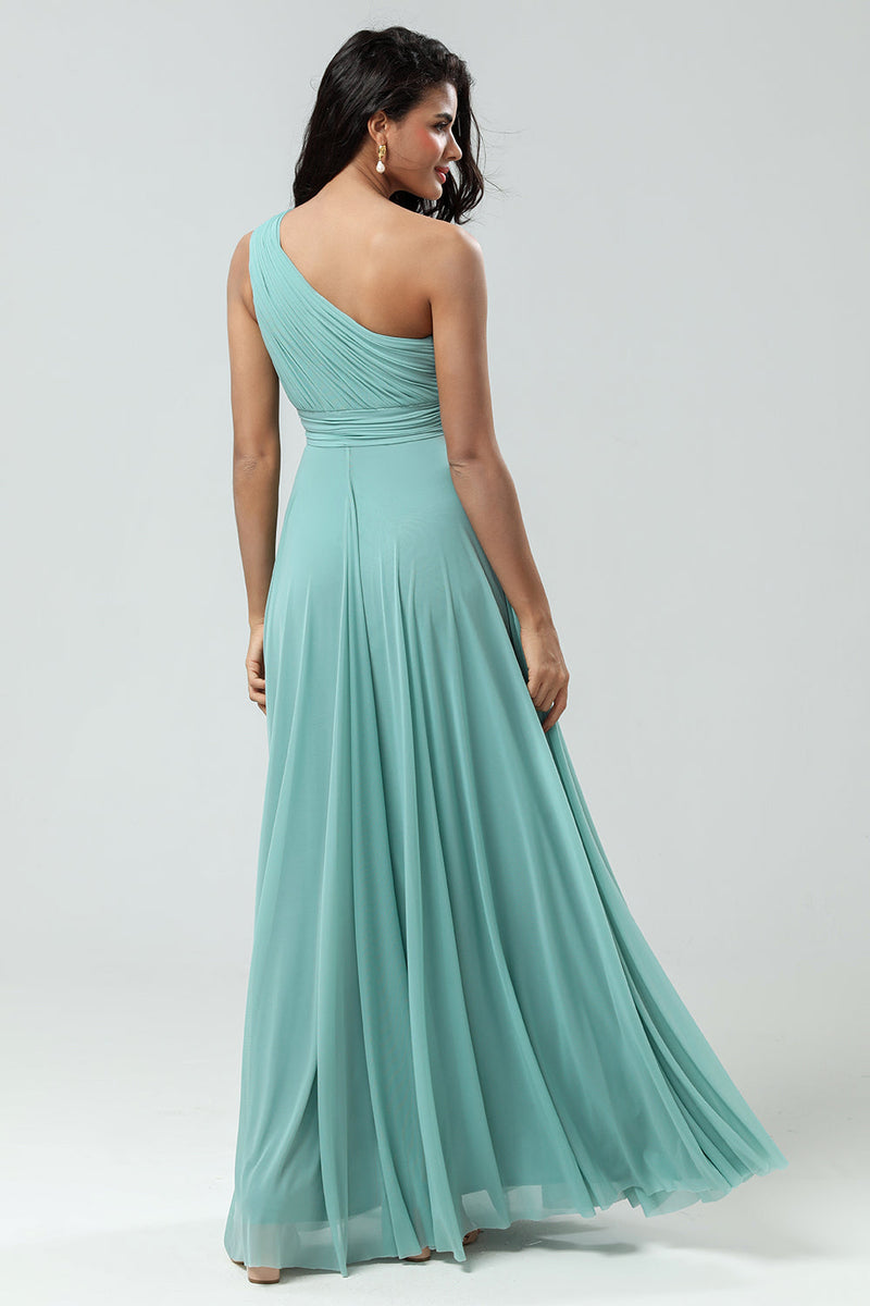 Load image into Gallery viewer, Stunning A Line One Shoulder Sea Glass Long Bridesmaid Dress with Ruched