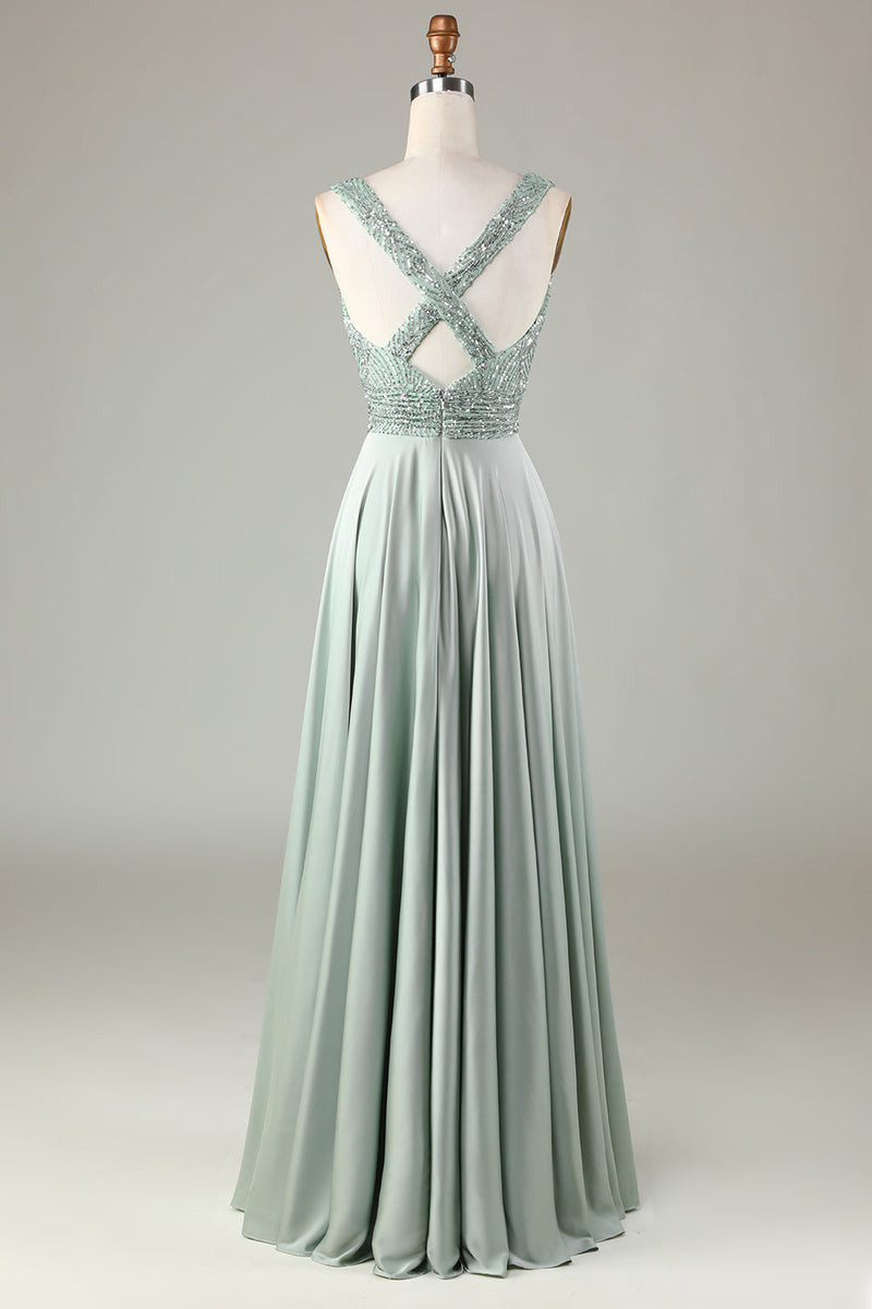 Load image into Gallery viewer, Sparkly V-Neck Matcha Bridesmaid Dress with Sequins